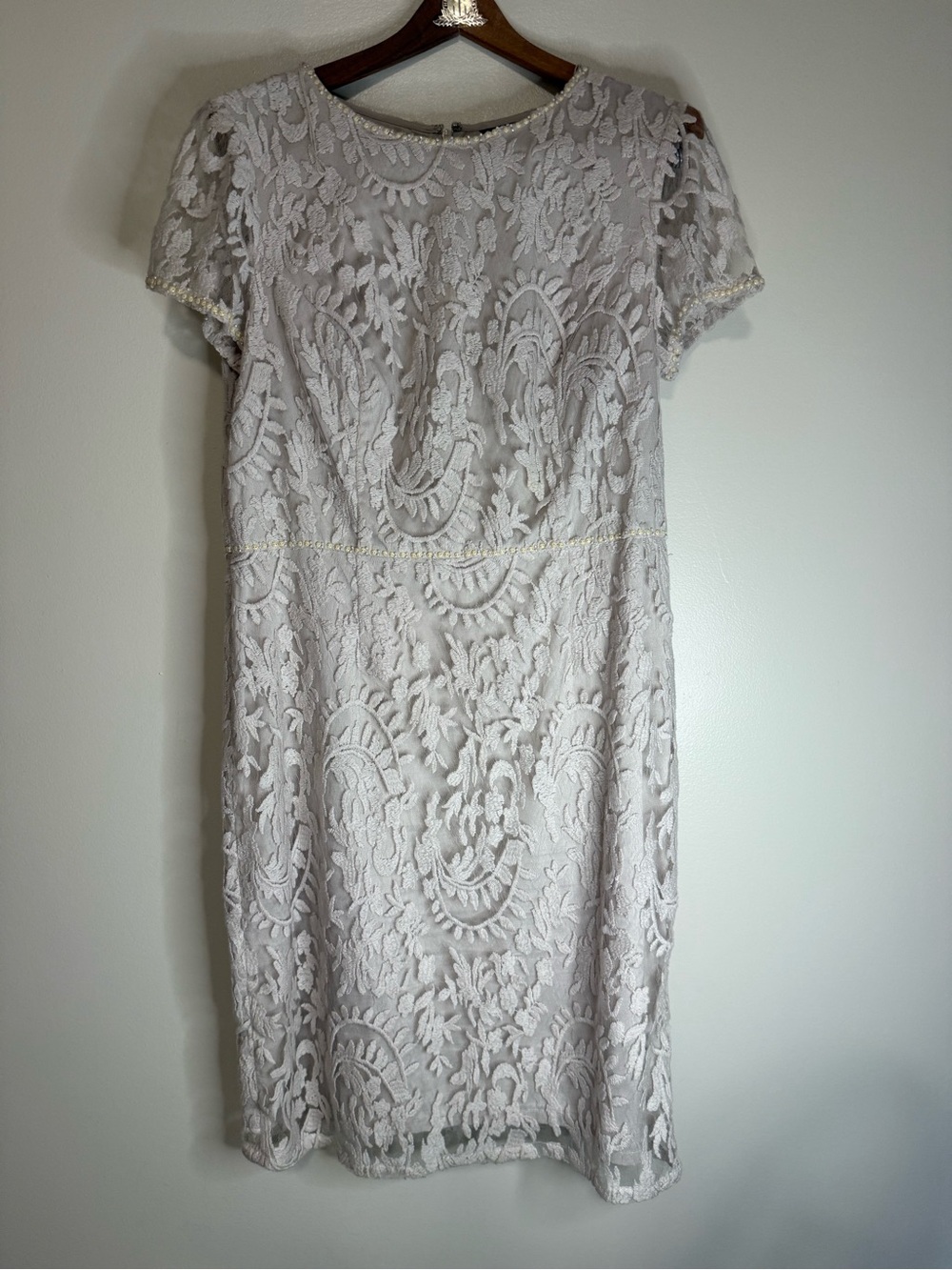 Adrianna Papell Lace Overlay Short Sleeve Dress Light beige Gold Trim size 16